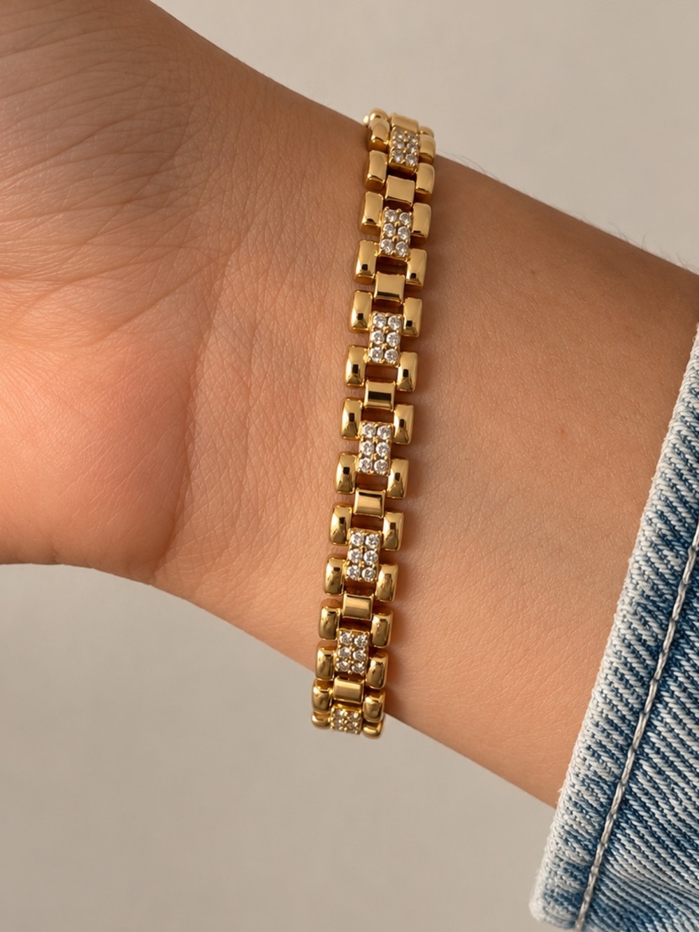 14K Gold Plated Real Zircon Watch Band Link Bracelet Statement Gold Jewelry
